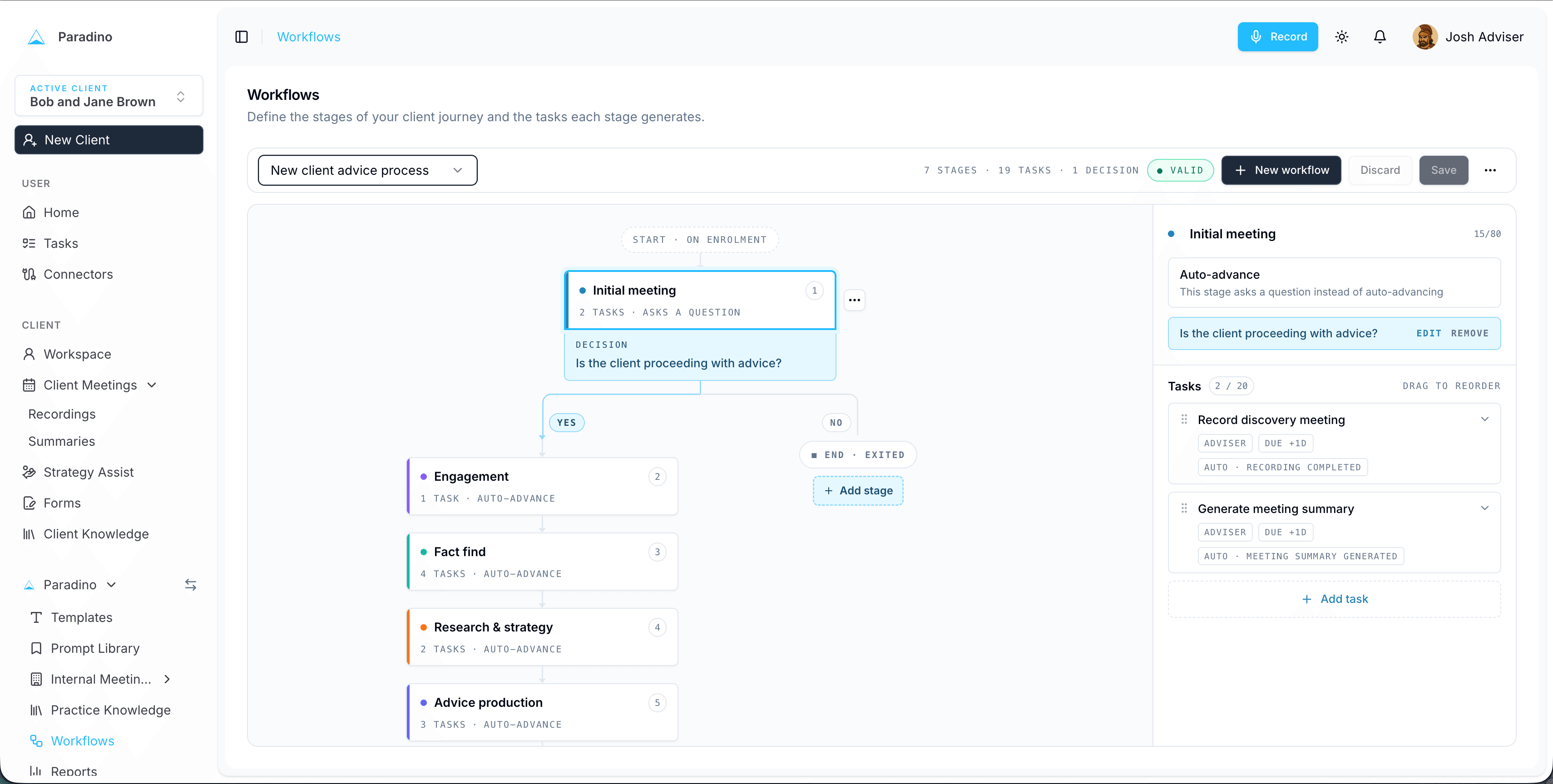 The Paradino workflow builder showing the stages and tasks of a new client advice process